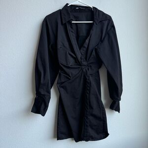 Zara Puff Long Sleeve Faux Wrap Ruched Mini Black Dress Size XS Feminine V Neck